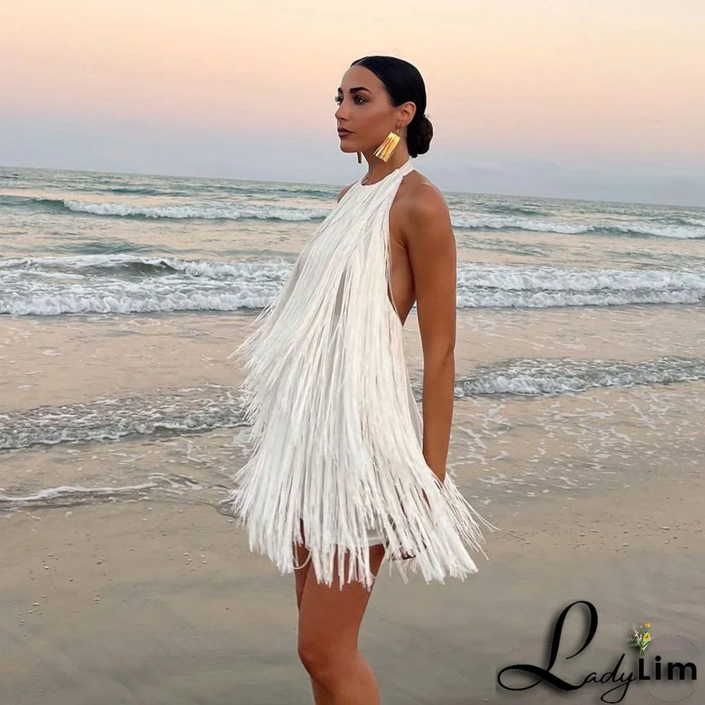 Backless Halter Tassel Mini Dress