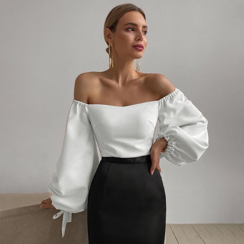 Back to school  Elegant Women's T Shirt Sexy Slash Neck Lantern Sleeve Bandage Solid White Tops 2022 Spring Casual Slim Office Lady Tee Tunic