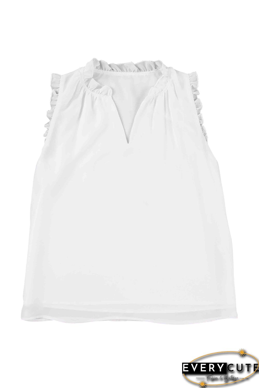 White Solid Color V Neck Frill Trim Tank Top