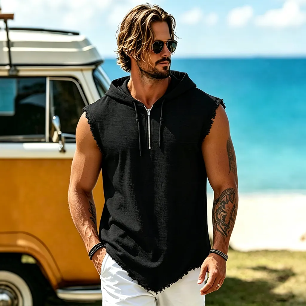 Men's Casual Zip-Up Cotton Blend Sleeveless Hoodie Tank Top With Frayed Hem And Drawstring Hood-INSPIREUSE