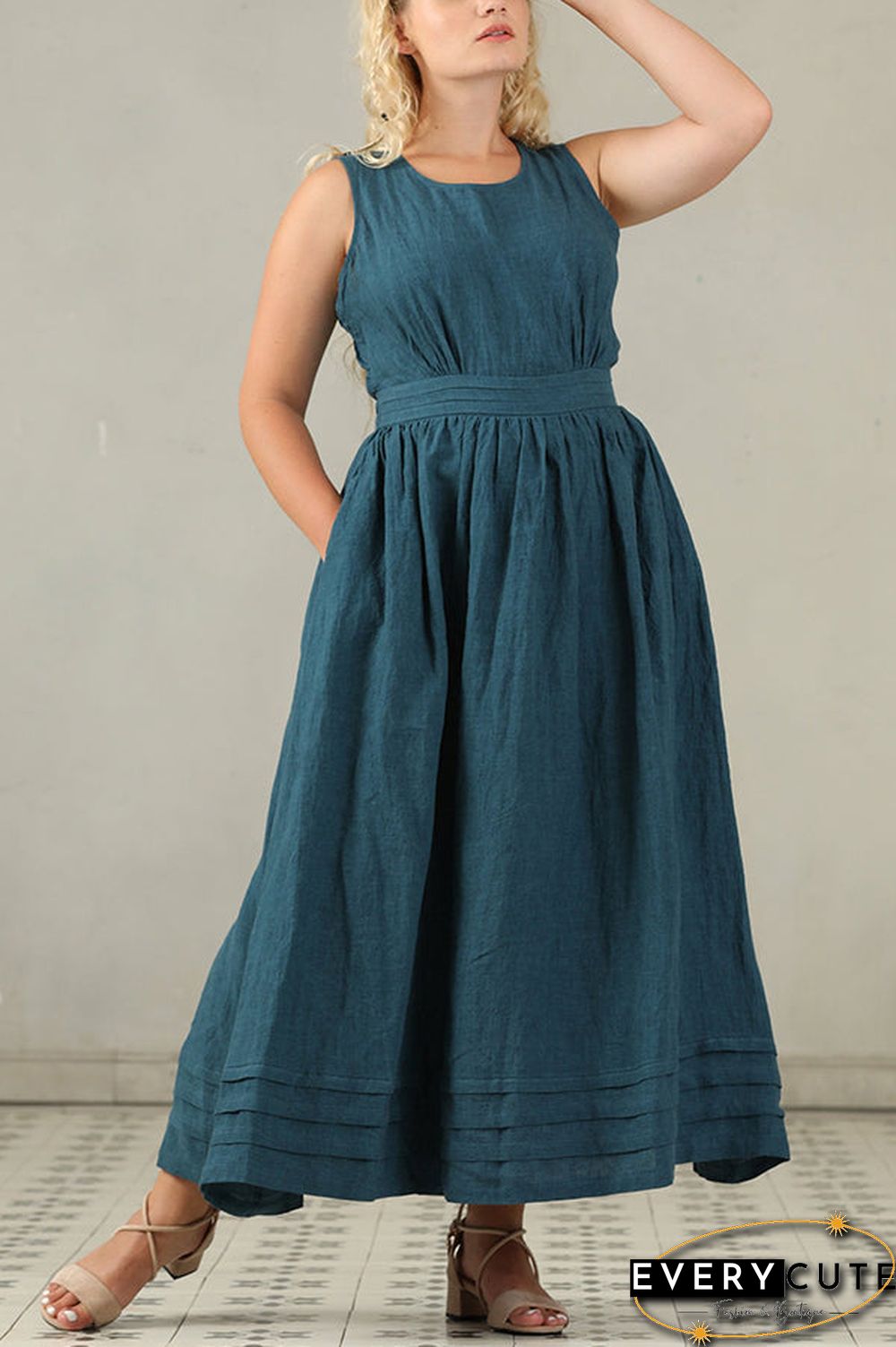 Cross Back O Neck Maxi Linen Dress
