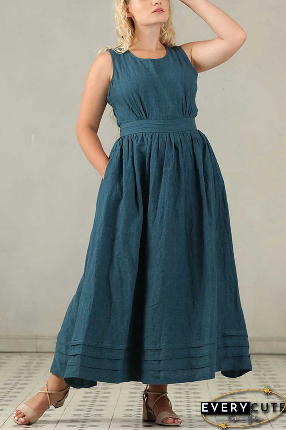 Cross Back O Neck Maxi Linen Dress