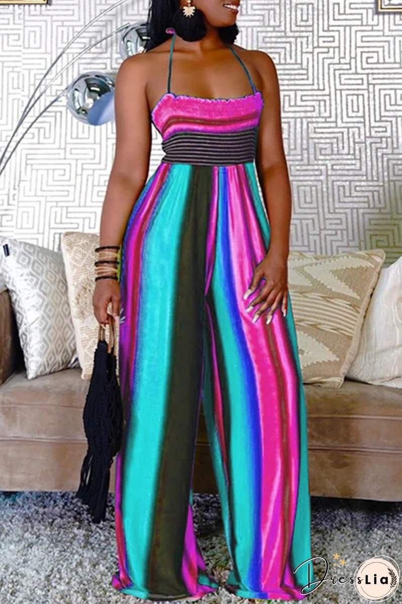 Wrinkled Striped Plus Size Wide Leg Jumpsuit