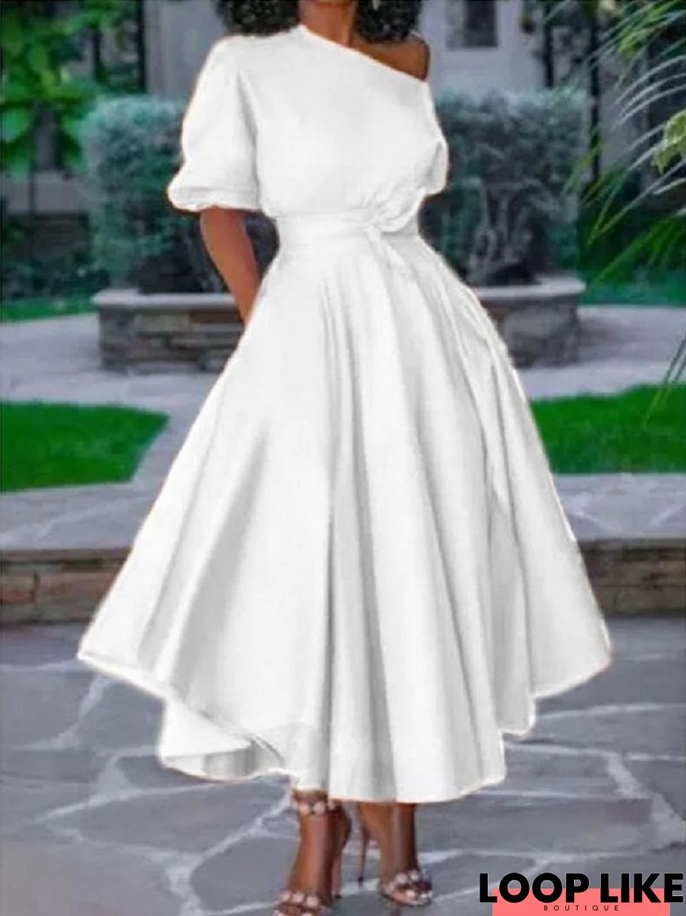 One Shoulder Lace Up Waist Length Dress White Dresses