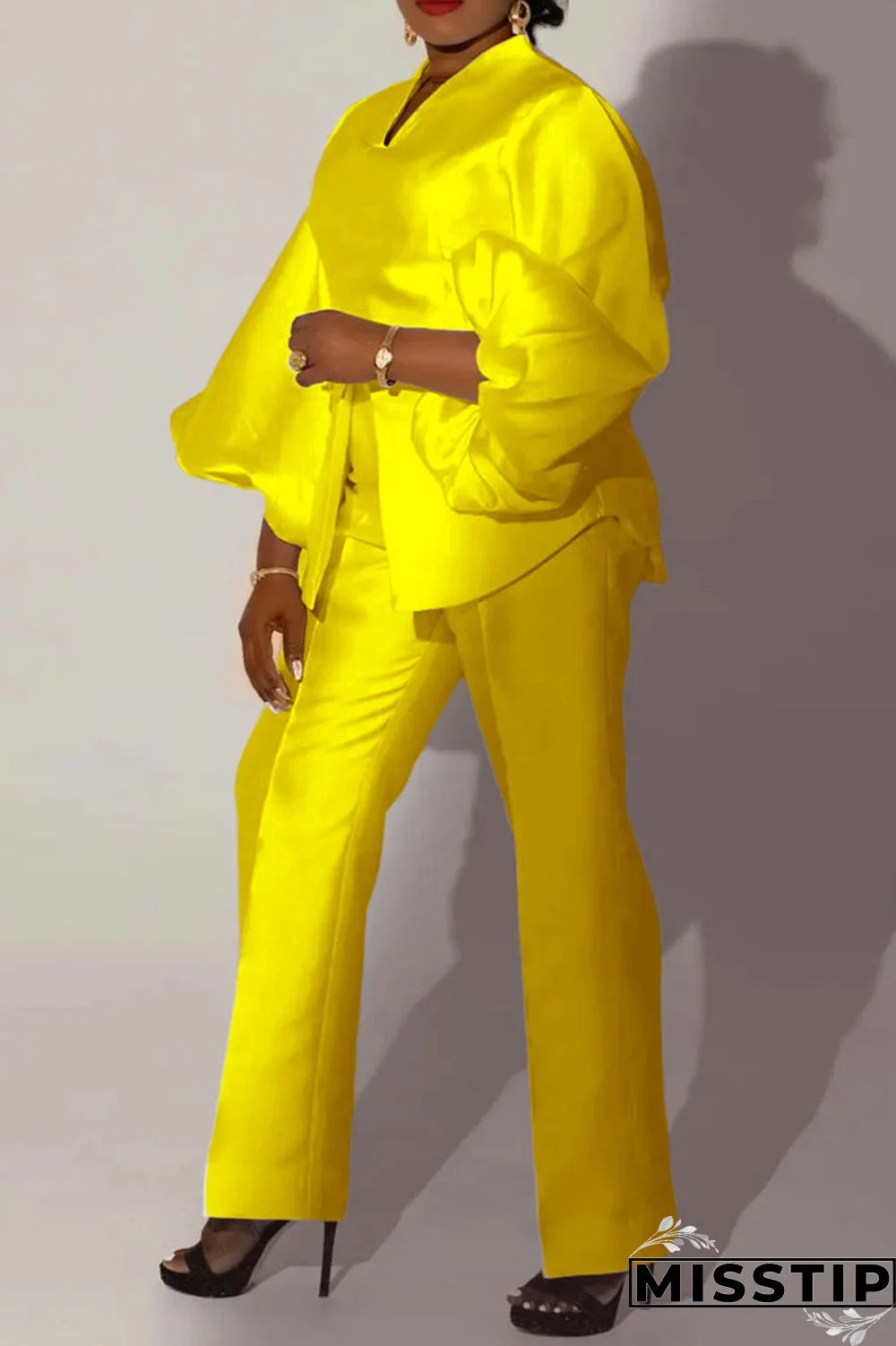 Yellow Casual Solid Patchwork V Neck Long Sleeve Two Pieces