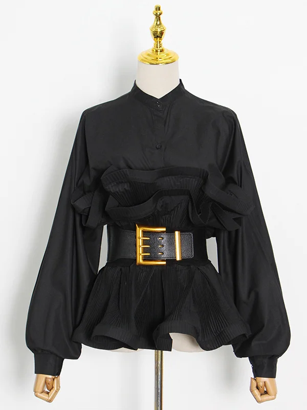 Stylish Loose Long Sleeves Buttoned Falbala Belted Solid Color Stand Collar Blouses&Shirts Tops