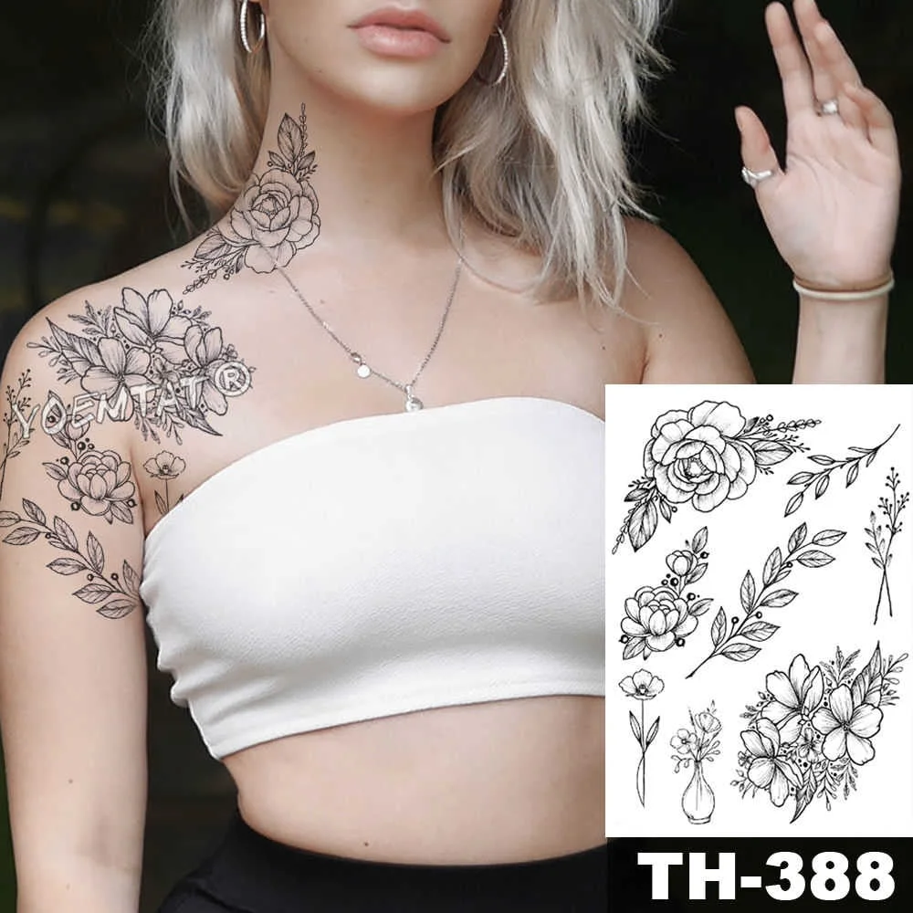 Heart shaped Clock Jewel Rose Waterproof Temporary Tattoo Sticker Black Arm Back Flowers Big Tatto Body Art Fake Tatoo For Women