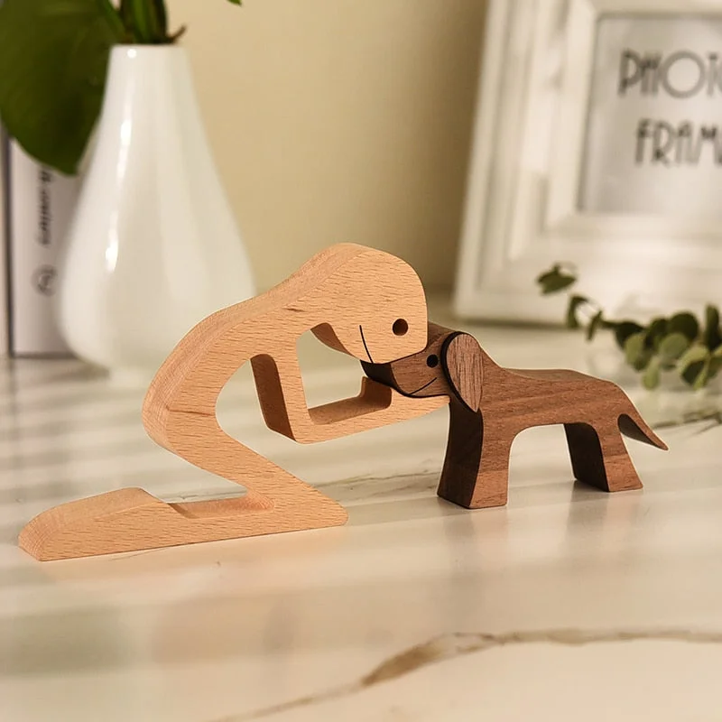 Family Puppy Wood Dog Craft Figurine Desktop Table Ornament Carving Model Creative Home Office Decoration Love Pet Sculpture