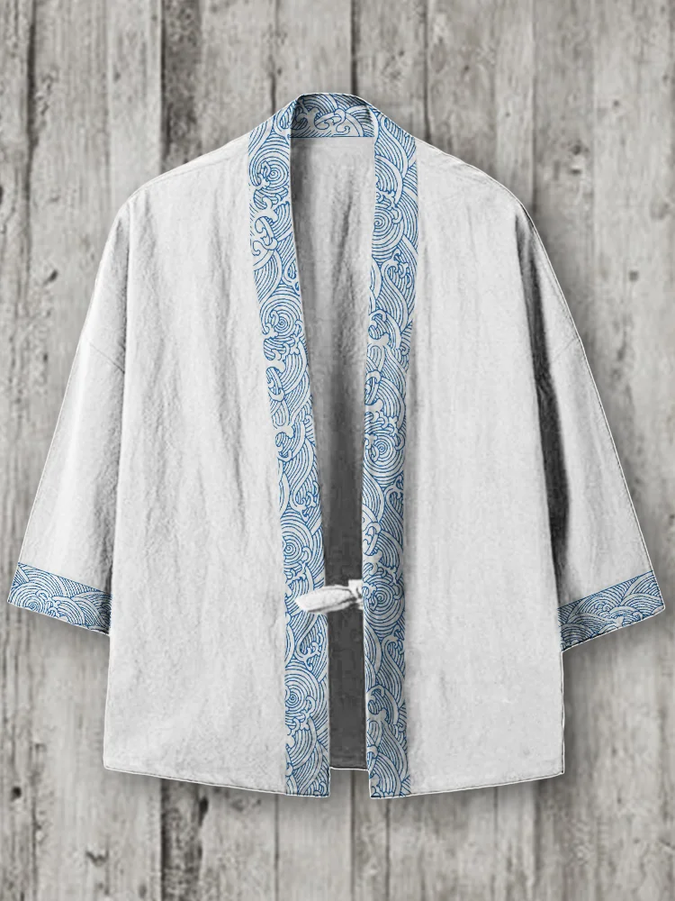 Sea Waves Japanese Trim Linen Blend Kimono Cardigan