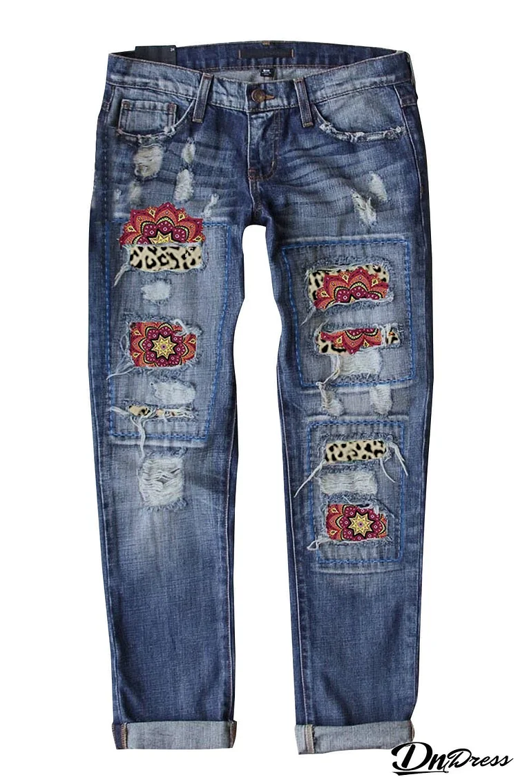 Pattern Patchwork Mid Waist Distressed Jeans