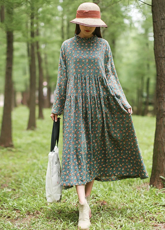French Green Ruffled Print Maxi Dresses Spring