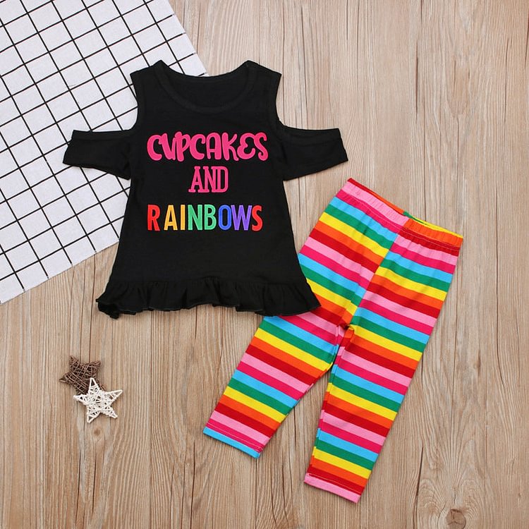 Mayoulove Kid Baby Girls Short Sleeve Letter Stripe Summer Rainbow 2 Pcs Sets-Mayoulove