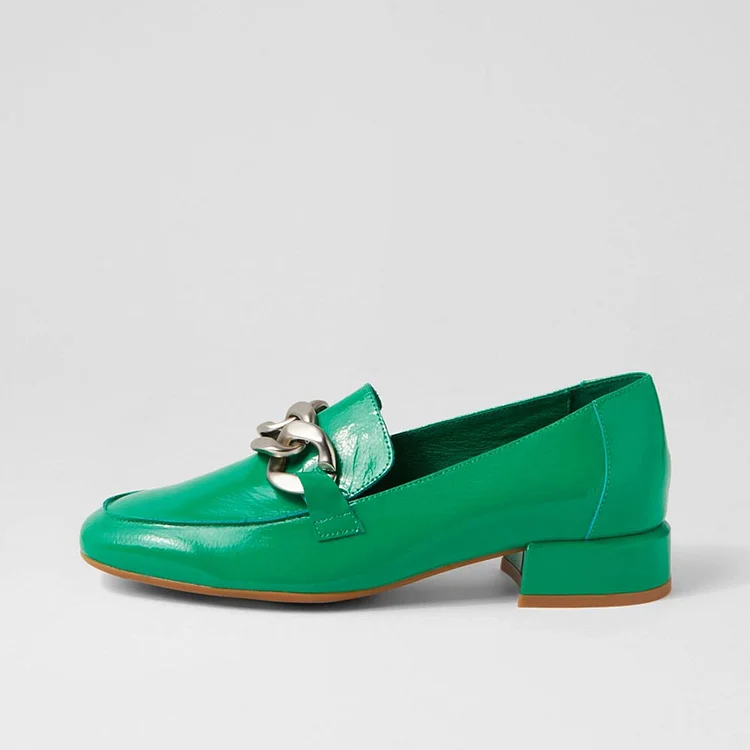 Green Patent Leather Metal Chain Women's Loafers with Block Heel |FSJ Shoes