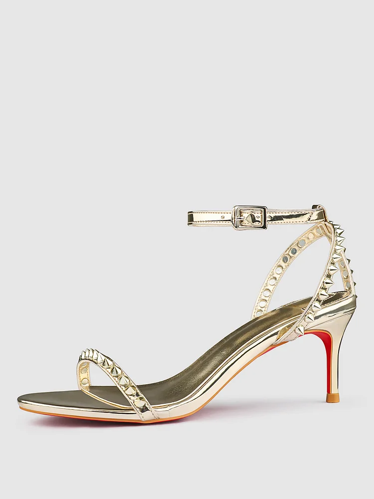 65mm Women's Open Toe Sandals Kitten Heels Red Bottom High Heels Ankle Strap Rivet Studs Shoes
