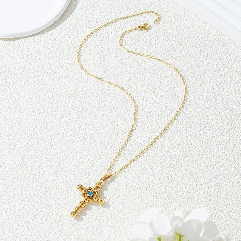 201 Stainless Steel Gold Plated Minimalist Inlay Cross Zircon Pendant Necklace