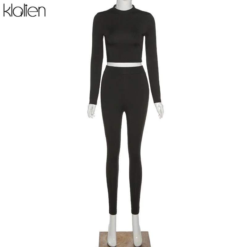 KLALIEN Solid Tracksuit Women Streetwear Fitness Sportswear T Shirt and Trouser Two Piece Set Women Stretch Skinny Female Outfit