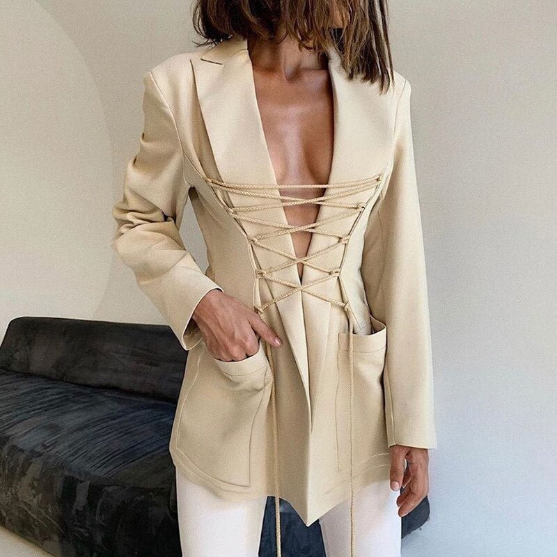 2021 Autumn Winter Stylish Bandage Tops Coat For Women Solid Color Casual Jackets Elegant Office Lady Streetwear Jacket Female