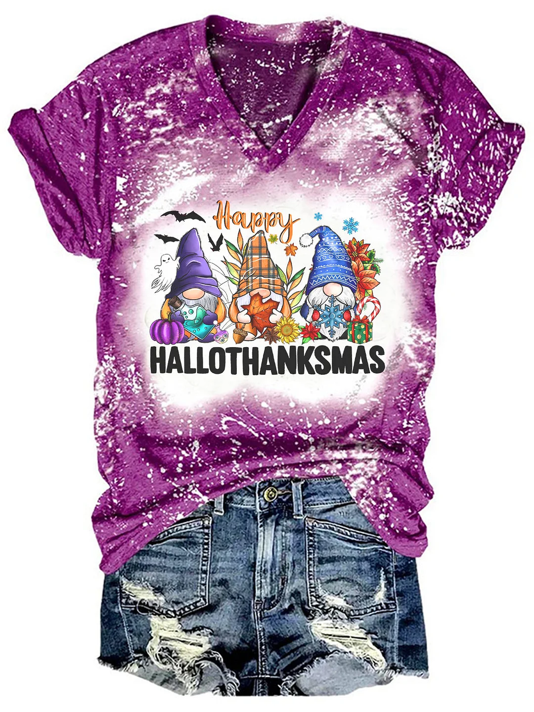 Hallothanksmas Gnomes Print Tie Dye T-shirt