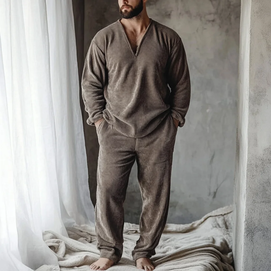 Men's Minimalist Autumn And Winter Warm And Comfortable Casual Pajamas And Pants Two-piece Set-inspireuse
