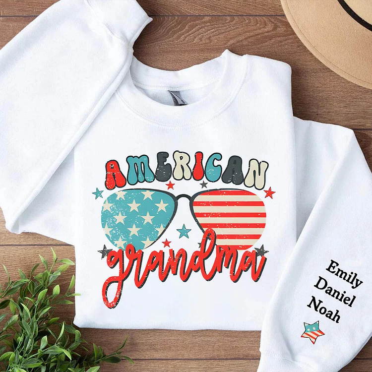 American Grandma And Kids Sweatshirt Sweatshirt, Personalized New Grandma Hoodie With Grandkid Name
