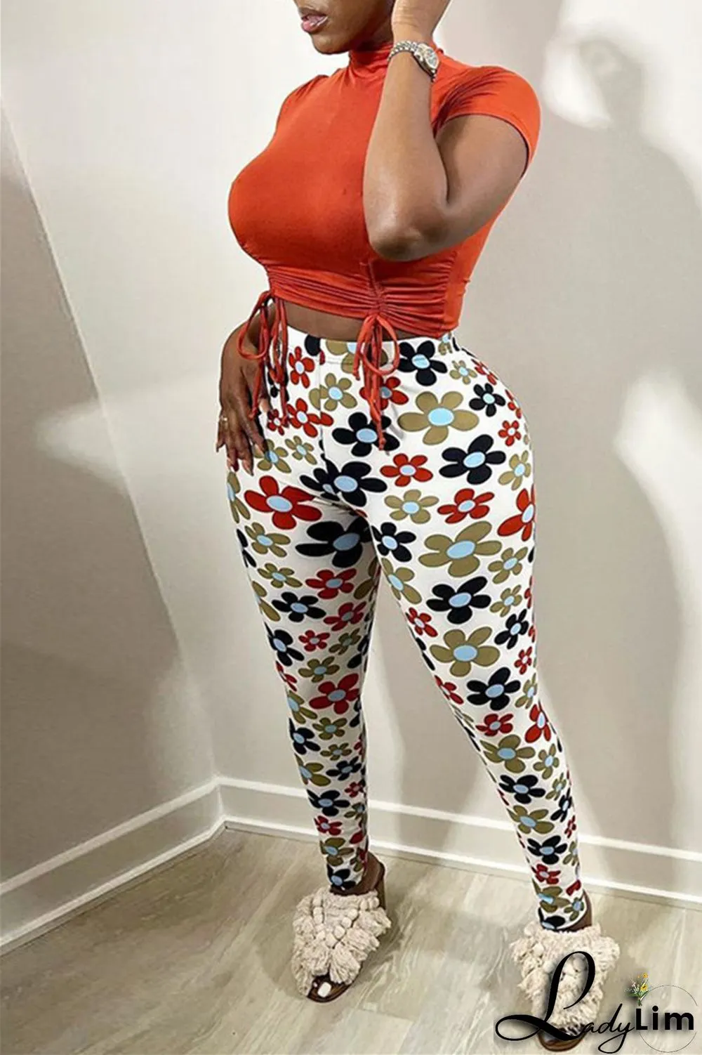 Yellow Fashion Casual Print Basic Skinny High Waist Pencil Trousers