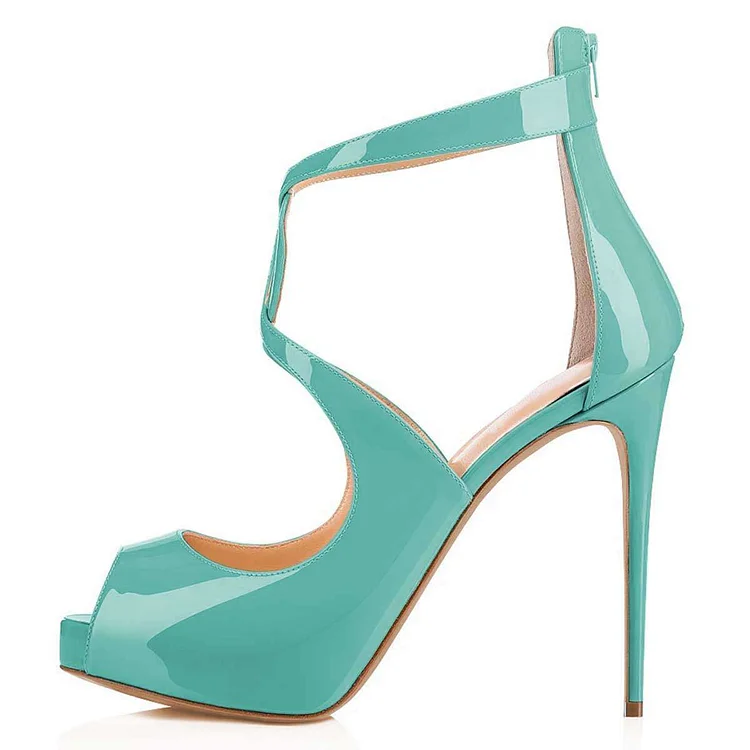 Cyan Cross Over Patent Leather Peep Toe Platform Heels Vdcoo