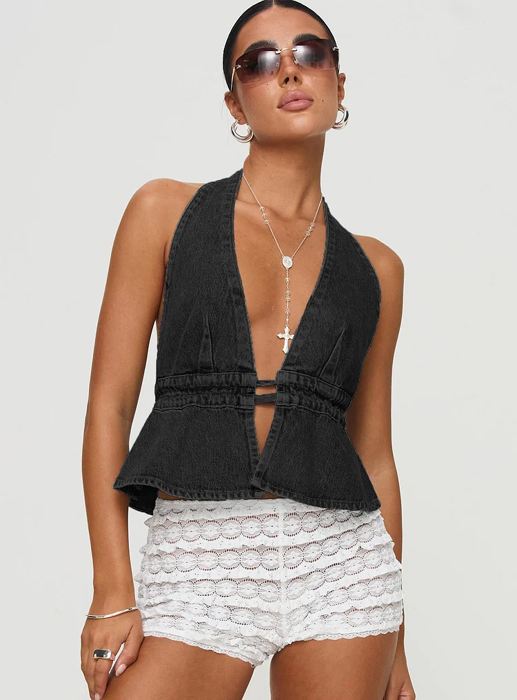 Sexy Washed Denim Exposed Back Halter Lace-up Top