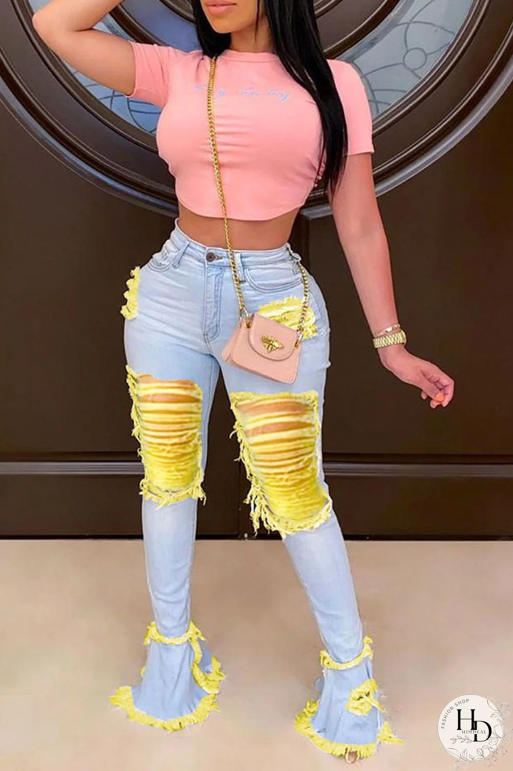 Dark Yellow Orange Light yellow Dark Yellow Light orange Denim Zipper Fly Mid Hole Boot Cut Pants Bottoms