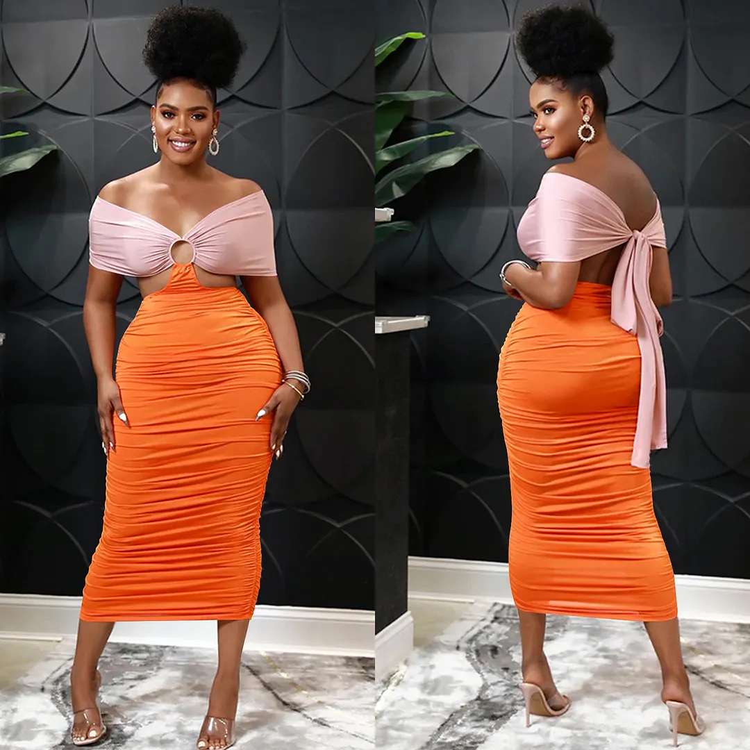 Churchf Churchf Fashion Women's Casual Tight Back Hollow Out Pleated Dress Women's Wear