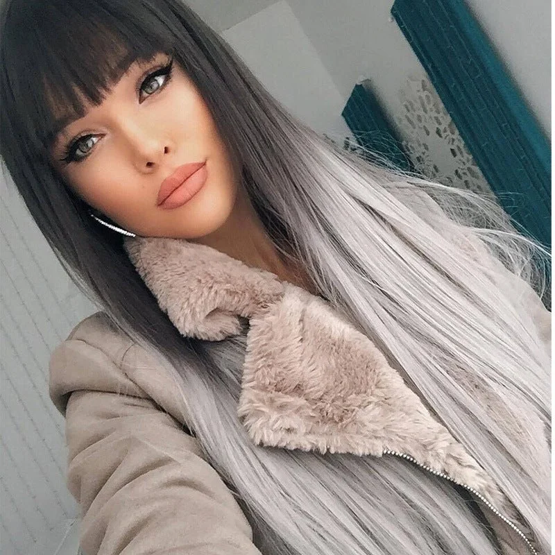 Women's Long Straight Hair Wig with High-Temperature Silk and Bangs Gradient The Whole Wig with Full Headgear