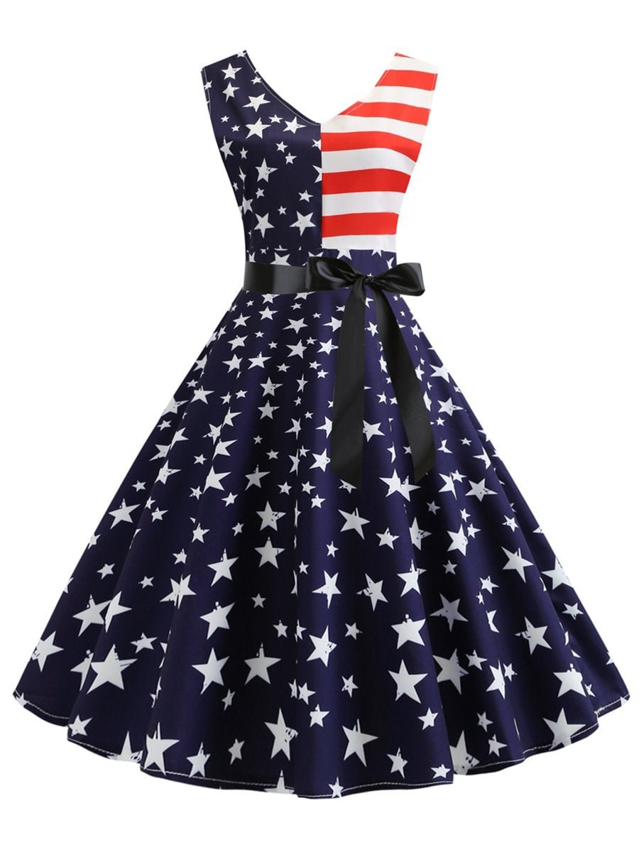 Hepburn Dress V Back American Flag Patchwork 1950s Dress
