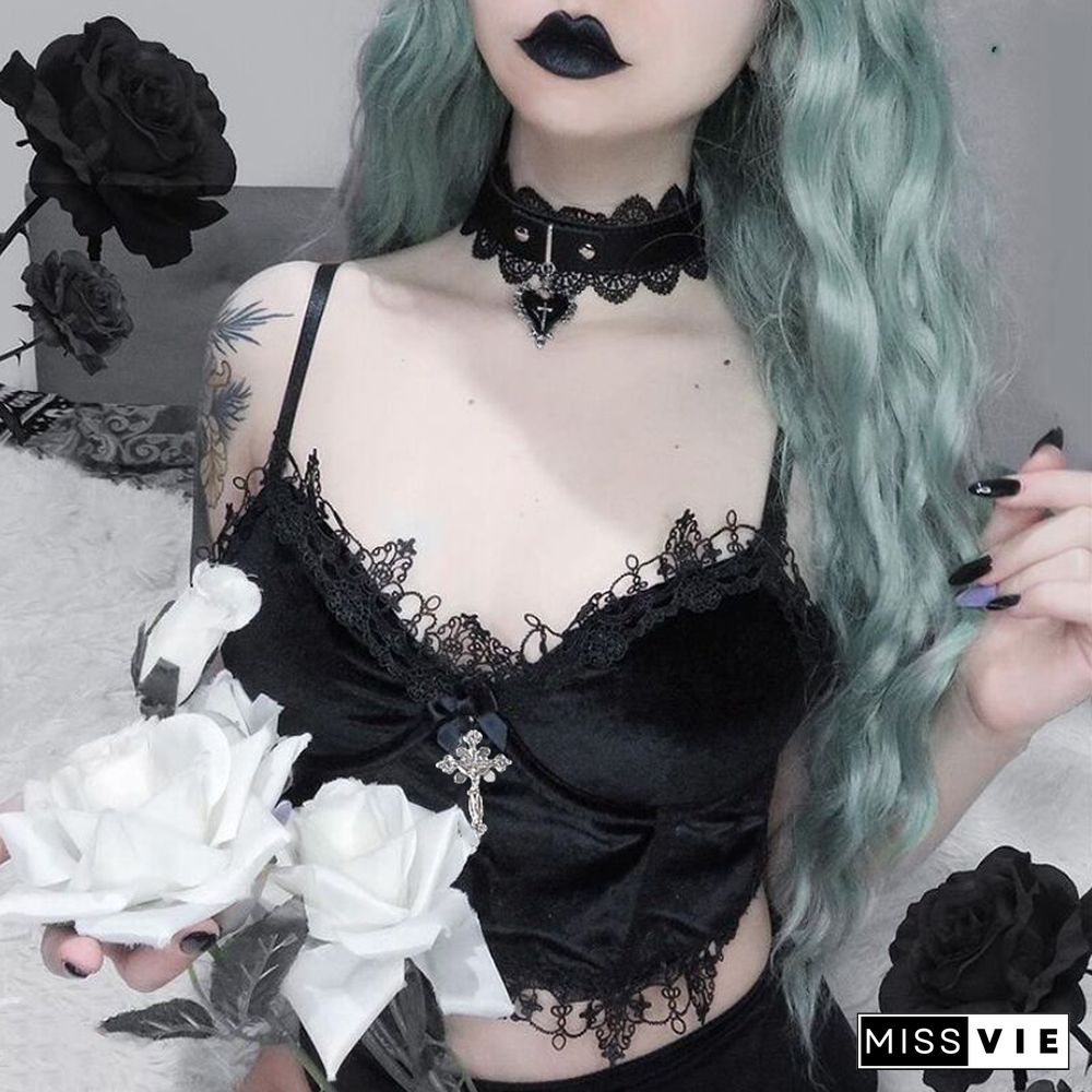 Goth Cross Print Lace Bodycon Crop Tops Camis Sexy Y2K Aesthetic Black Red Basic Corset Tank Top Summer Clothes For Women Girls