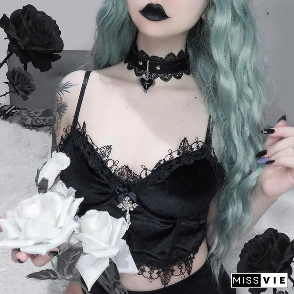 Goth Cross Print Lace Bodycon Crop Tops Camis Sexy Y2K Aesthetic Black Red Basic Corset Tank Top Summer Clothes For Women Girls
