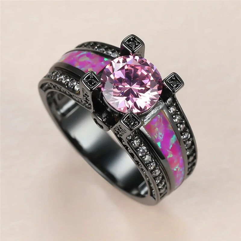 Dainty Female Pink Round Crystal Ring Charm 14KT Black Gold Wedding Rings For Women Luxury Bride Opal Big Engagement Ring
