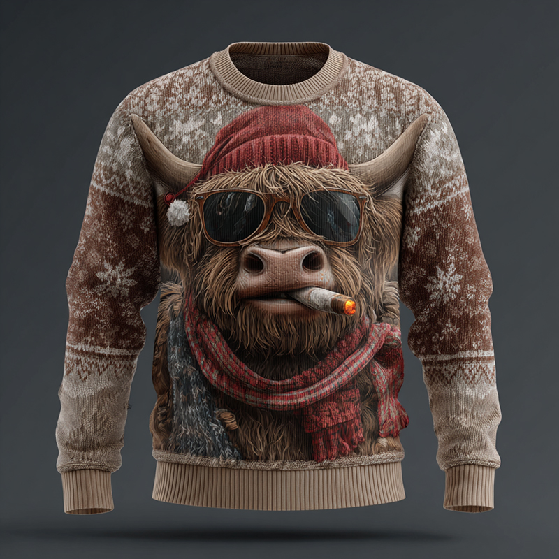 Men's Fun Vintage Christmas Highland Cow Print Knit Sweater elevenforest