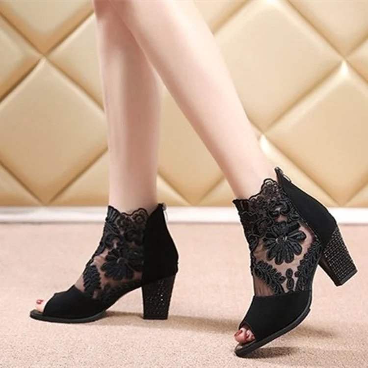 Lace Fish Mouth High Heels Chunky Back Zip Sandals