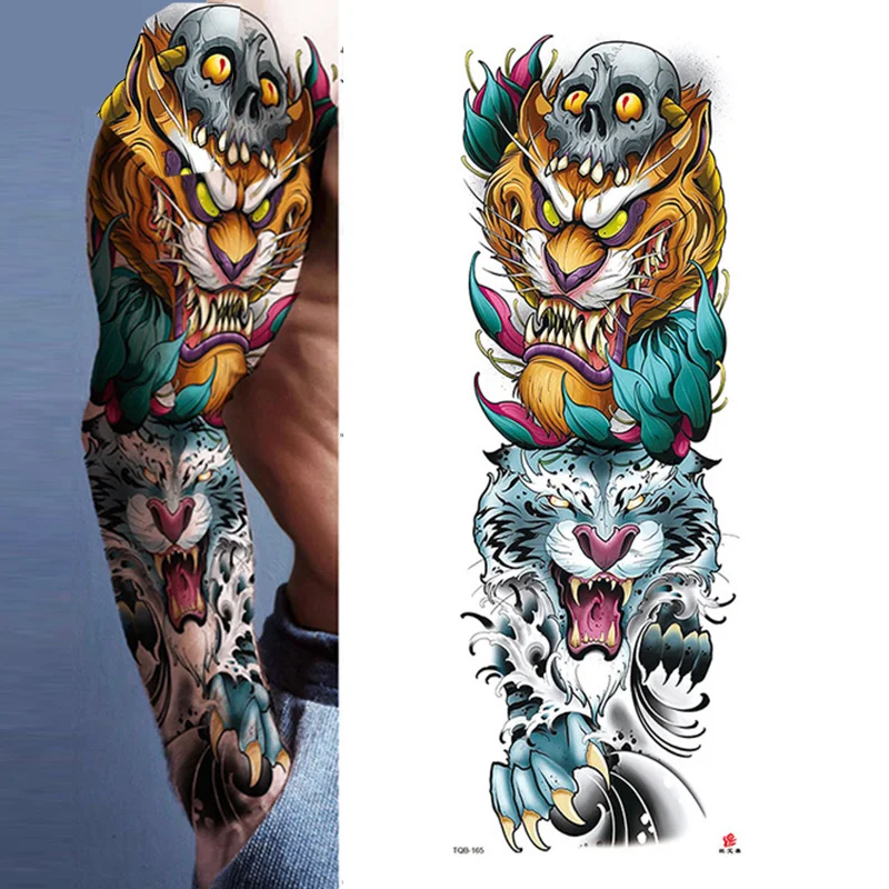 Sdrawing Arm Sleeve Tattoo Lion Crown King Rose Waterproof Temporary Sticker Wild Wolf Tiger Men Full Skull Totem Tatoo
