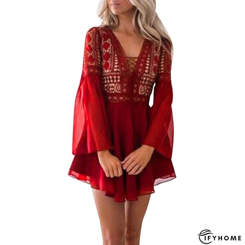 Hollow Out Chiffon Dress Cross Bandage Lace V-Neck Long Sleeve Dress | IFYHOME