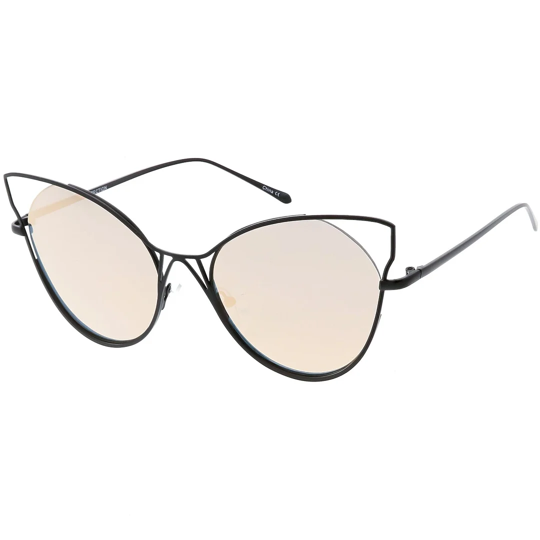 Oversize Cat Eye glasses Semi Rimless Metal Cut Out Mirrored Flat Lens 60mm