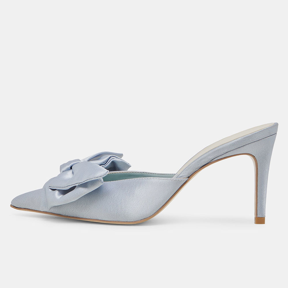 Elegant Satin Pointed Toe Stiletto Heel Bow Mules Shoes in Light Blue Nicepairs