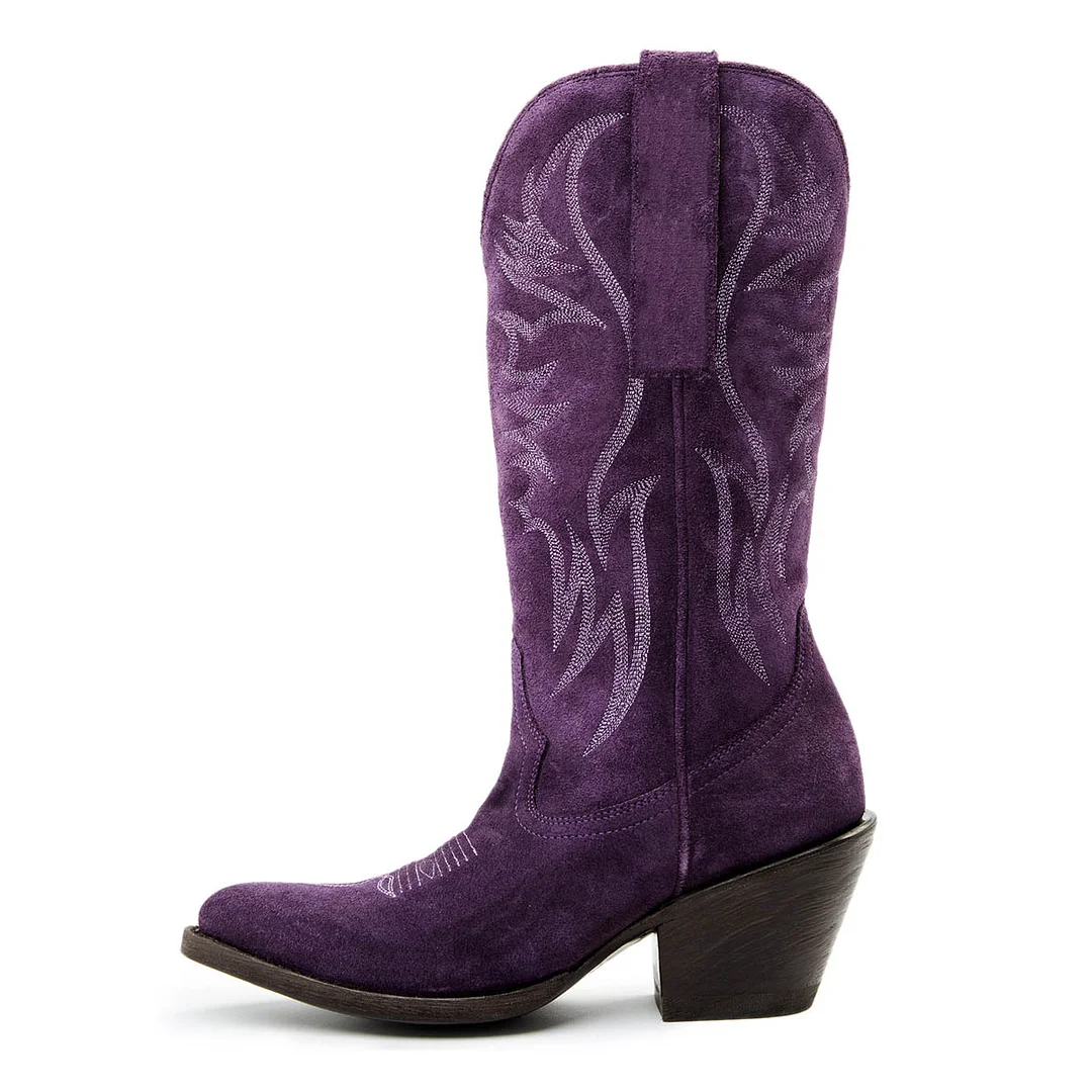 Purple Vegan Suede Embroidered Pointed Toe Western Boots for Women