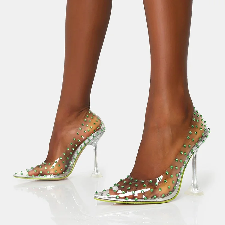 Women's Pointed Toe Green Rhinestone Decor Flared Heel Clear Pumps |FSJ Shoes