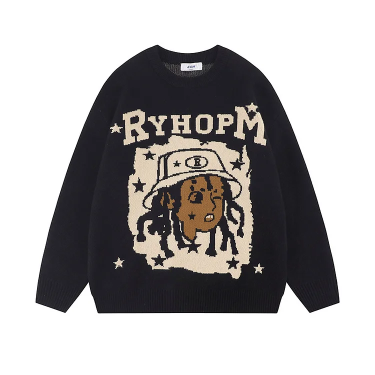 High Street Embroidered Sweater Hip Hop Loose Casual Pullover Sweater Oversized Sweater at Hiphopee
