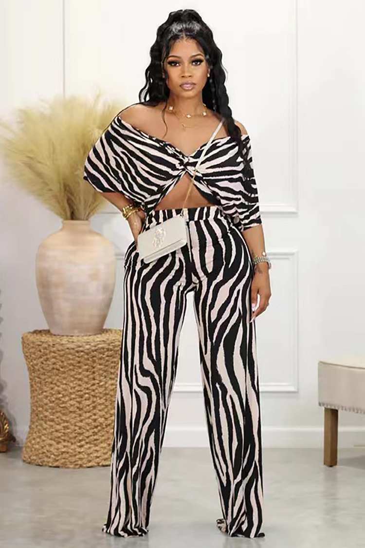 Zebra Print V Neck Off Shoulder Half Sleeve Wide Leg Pants Matching Set-Black