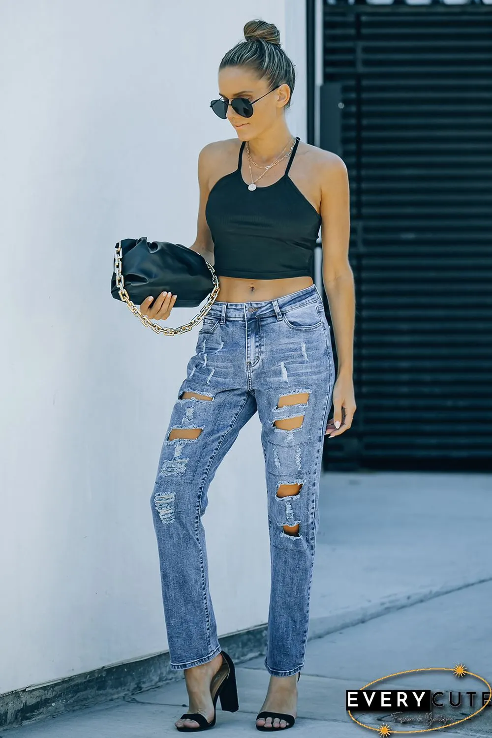 Sky Blue Buttoned Pockets Distressed Jeans