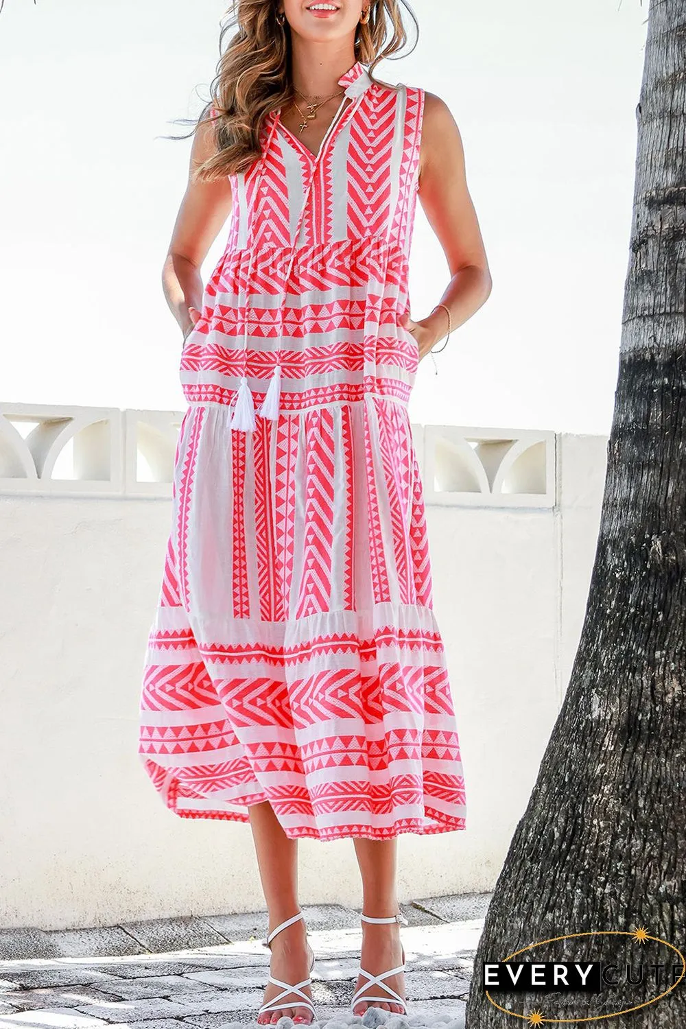Red Geometric Print Tassel Tie Notch Neck Sleeveless Dress