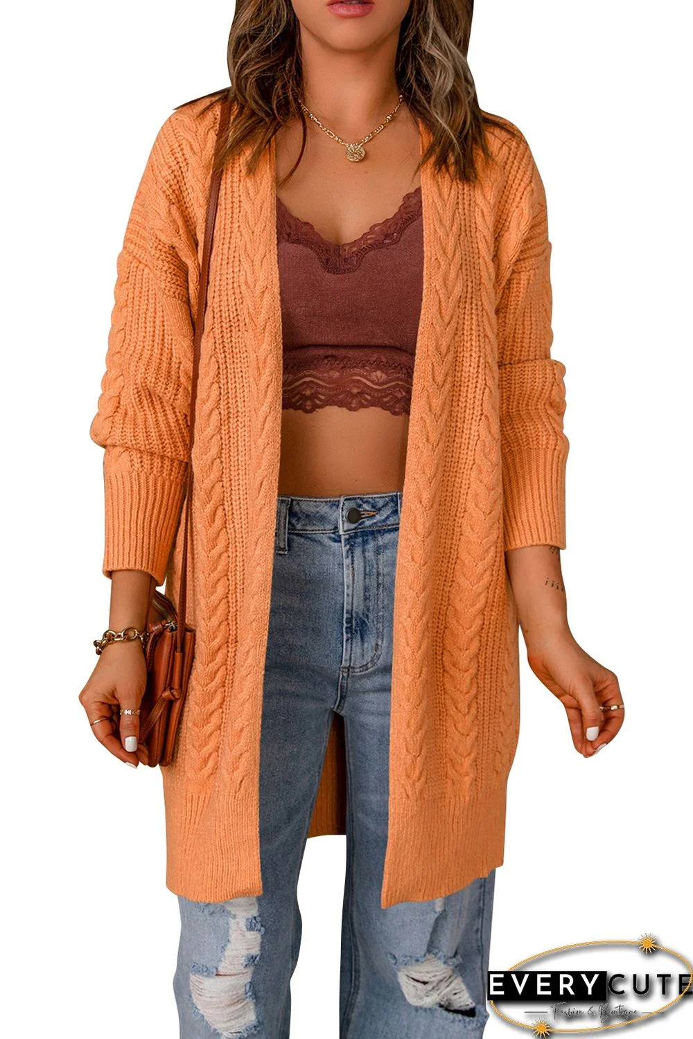 Orange Chunky Knit Open Front Cardigan