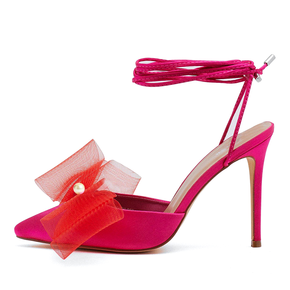 Hot Pink Satin Pointed Toe Lace Up Stiletto Heels with Mesh Bow Nicepairs