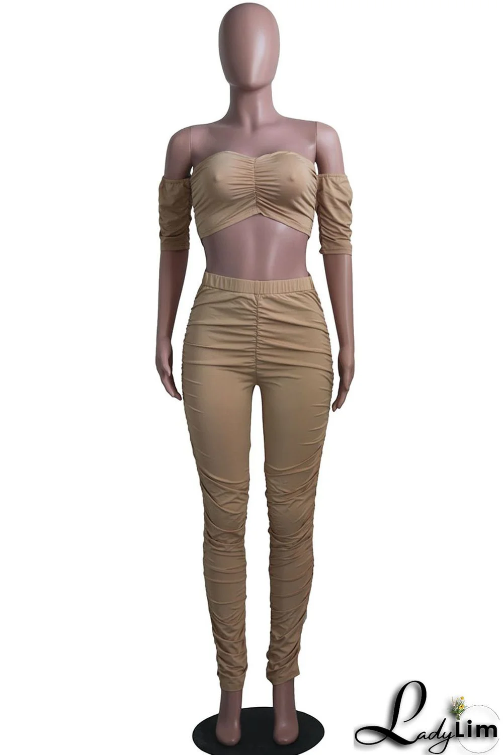 Watermelon Red Sexy Solid Split Joint Fold Off the Shoulder Short Sleeve Two Pieces