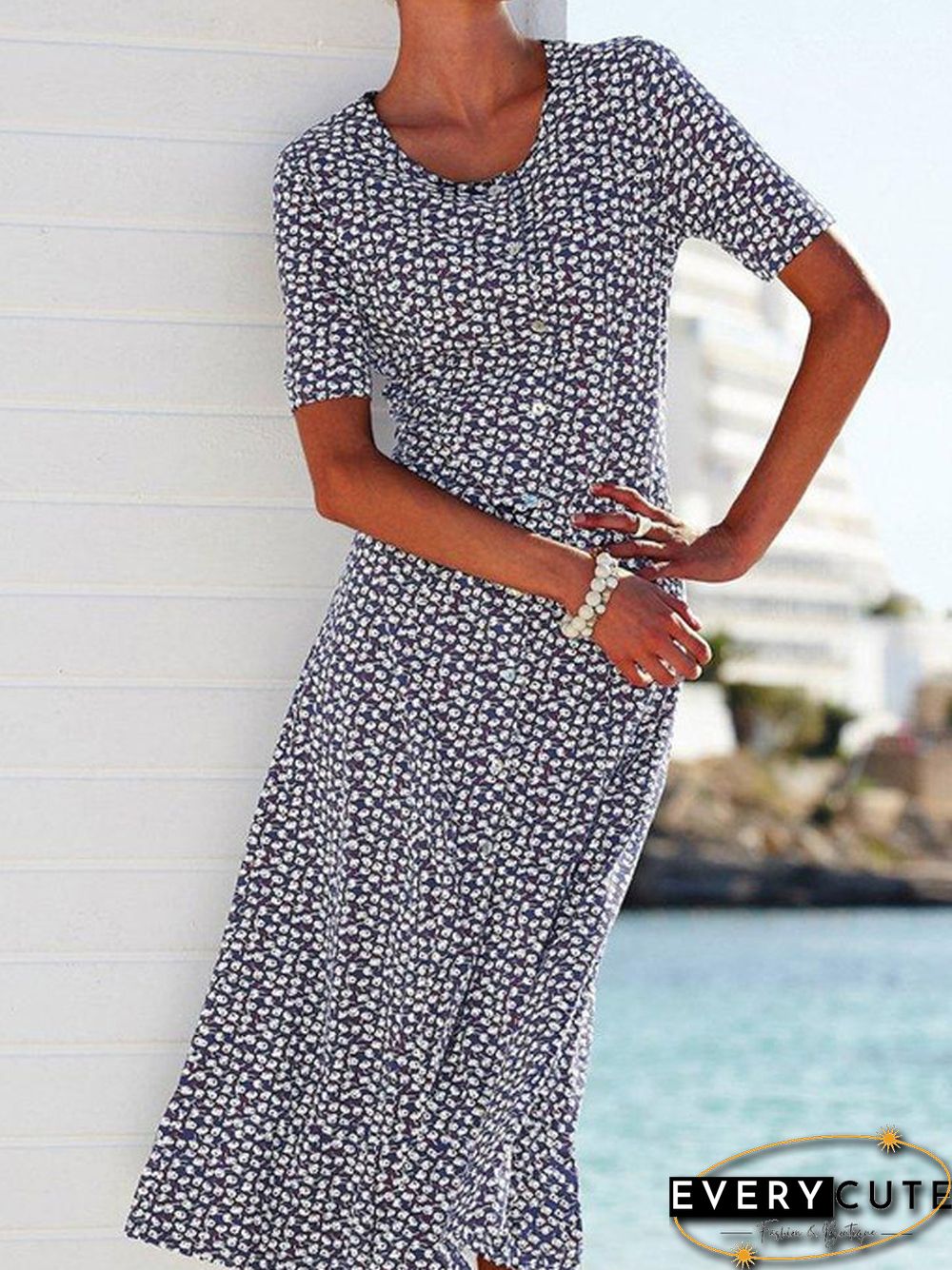 Floral Midi Dress Plus Size Summer Crew Neck Dresses